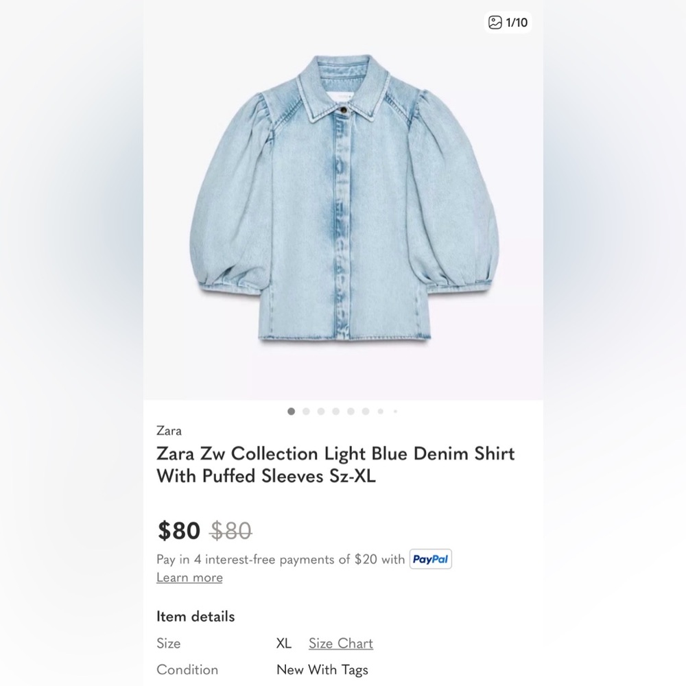Zara NWT Light Blue Cotton Blend Denim Lapel Collar Puff Sleeve Blouse (Small) - Picture 8 of 8